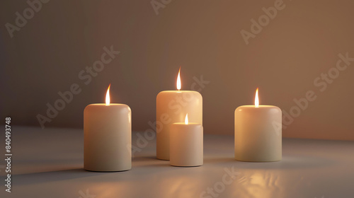 Four white candles with a warm glow. The candles are of different sizes and are arranged in a staggered formation.