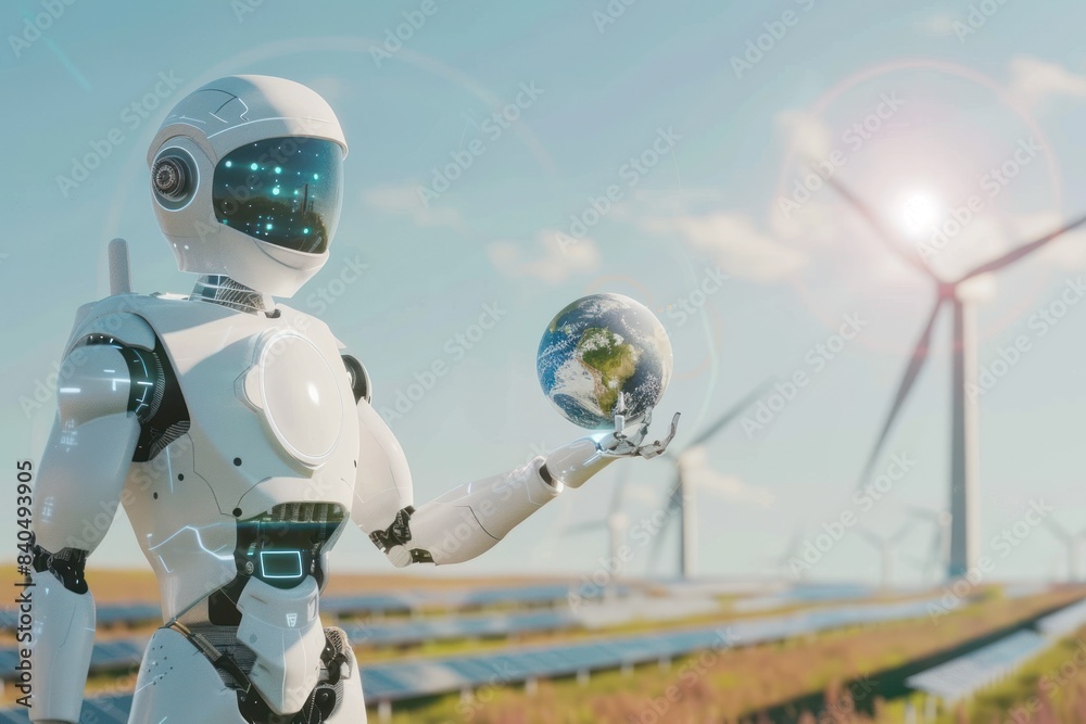 Naklejka premium Robot with a digital globe and wind turbines