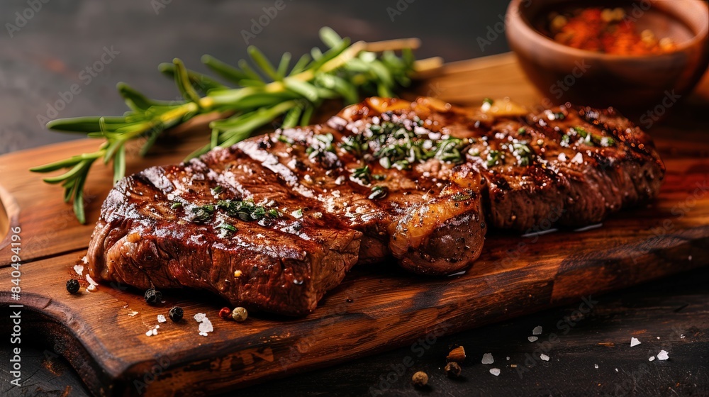 juicy grilled steak with herbs and spices on rustic cutting board. Barbecue juicy grilled steak with herbs and spices on rustic cutting board. Barbecue