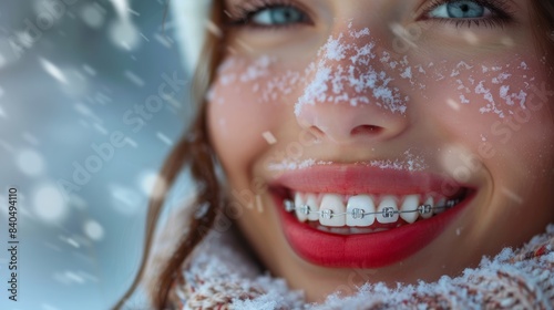 beautiful woman mouth smile, white teeth, orthodontic braces, snowly backround , advertising of a dental clinic © marimalina