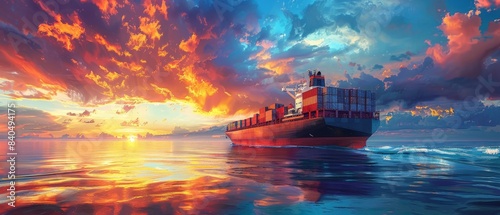 Cargo Ship Sailing on Calm Ocean Water at Sunset