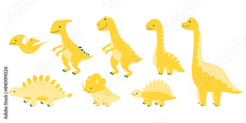 Vector set of illustrations of cute dinosaurs isolated on white background