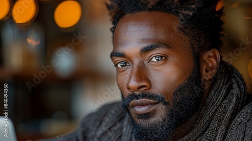 a handsome dark-skinned man with a full beard sitting in his home office in front of his laptop and intentionally doing his part-time job. photo