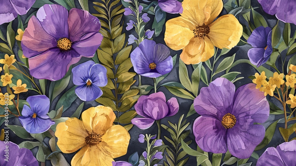 Seamless pattern of delicate purple and yellow woodland flowers, watercolor painting style, intricate details, vibrant foliage Seamless pattern of delicate purple and yellow woodland flowers, watercolor painting style, intricate details, vibrant foliage
