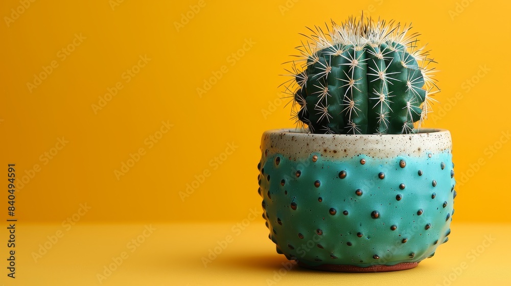 Sharp, close-up photo of a cactus in an elegant pot, isolated on a vibrant yellow background, with balanced studio lighting to highlight textures Sharp, close-up photo of a cactus in an elegant pot, isolated on a vibrant yellow background, with balanced studio lighting to highlight textures