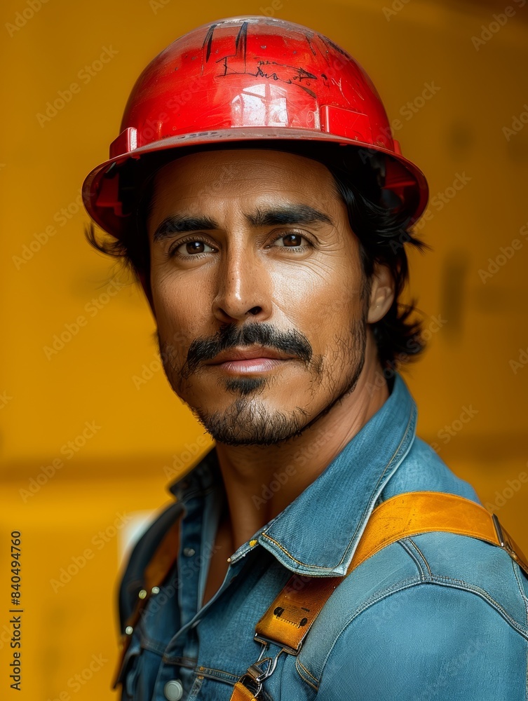 handsome Mexican man in her 30s. Fashion model lookalike. Wearing a red construction helmet. Studio lighting. Designer casual clothing. He is looking at the camera. Flat yellow background handsome Mexican man in her 30s. Fashion model lookalike. Wearing a red construction helmet. Studio lighting. Designer casual clothing. He is looking at the camera. Flat yellow background