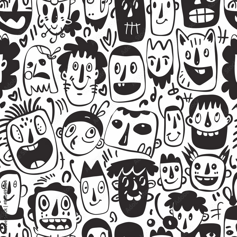 Fototapeta premium diverse doodle faces seamless pattern