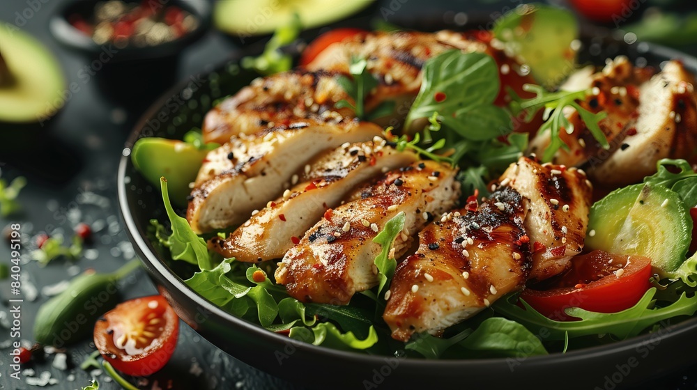 Healthy food diet, Grilled chicken meat and fresh vegetable salad of tomato and avocado Healthy food diet, Grilled chicken meat and fresh vegetable salad of tomato and avocado