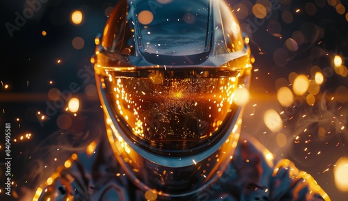 A Close-Up of a Person Wearing a Protective Helmet Amidst Sparks
