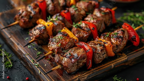 Grilled meat skewers, shish kebab with vegetables on wooden board