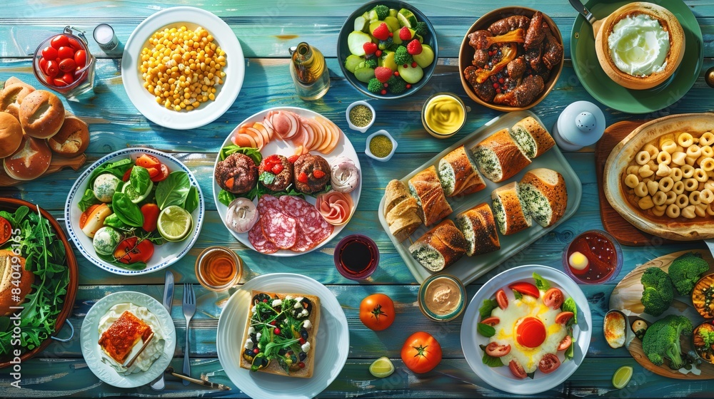 Full table of delicious Dinner party table European foods and drinks from top view Full table of delicious Dinner party table European foods and drinks from top view
