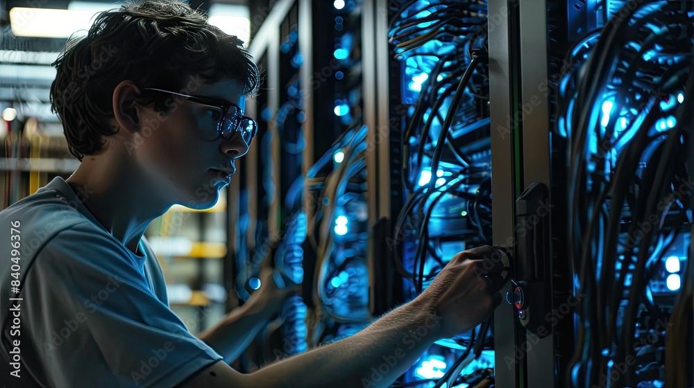 A young male technician working in a data center, connecting blue cables to a network switch on the wall. A young male technician working in a data center, connecting blue cables to a network switch on the wall.