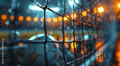 Closeup of Soccer Net With Bokeh Lights During Evening Game