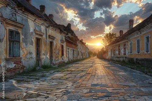A ghostly sunset casts long shadows across the crumbling facades of a forgotten town square. photo