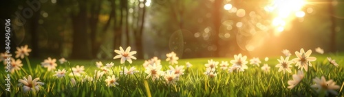 Beautiful Nature Scene with Sunshine and Flower Field