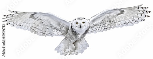 Elegant long shot of a snowy owl in flight, wings spread wide, intricate feather patterns, isolated on a crisp white background photo