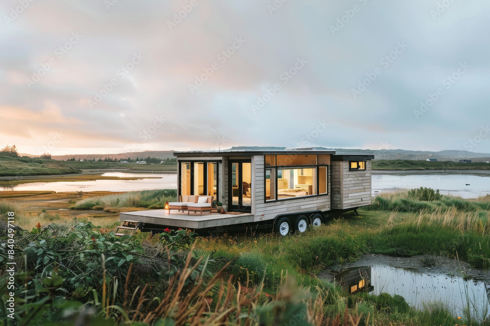 A modern tiny house trailer exterior with beautiful landscape A modern tiny house trailer exterior with beautiful landscape