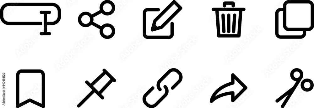 Cut, copy, paste, rename, share, save and delete, simple icon set ...