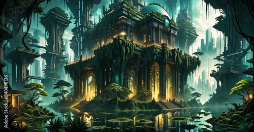 gothic baroque city monument building in forest island marsh wetland swamp in summer. cyberpunk goth palace castle tower surrounded by water and overgrowth nature landscape.