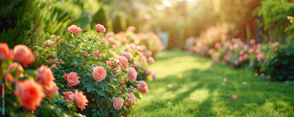 Beautiful coniferous garden with blue spruces, fir trees, thujas, junipers and blooming roses. Beautiful coniferous garden with blue spruces, fir trees, thujas, junipers and blooming roses.