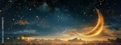 Golden Crescent Moon Against Night Sky With Stars