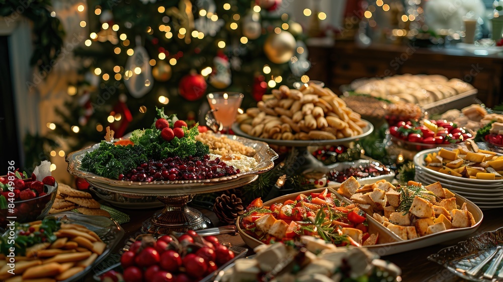 Fototapeta premium Christmas Dinner table full of dishes with food and snacks