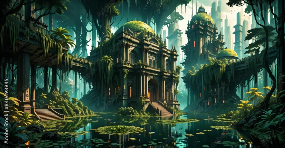 Obraz premium gothic baroque city monument building in forest island marsh wetland swamp in summer. cyberpunk goth palace castle tower surrounded by water and overgrowth nature landscape.