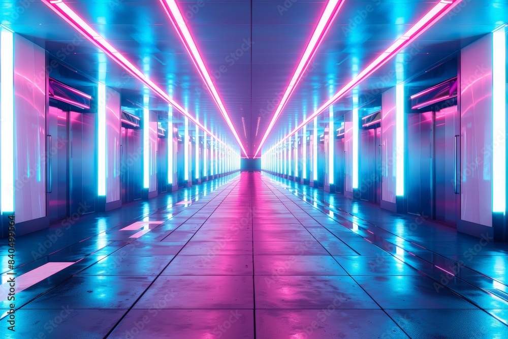 Vibrant Cyber Hallway with Purple Lights and Blue Reflection Vibrant Cyber Hallway with Purple Lights and Blue Reflection