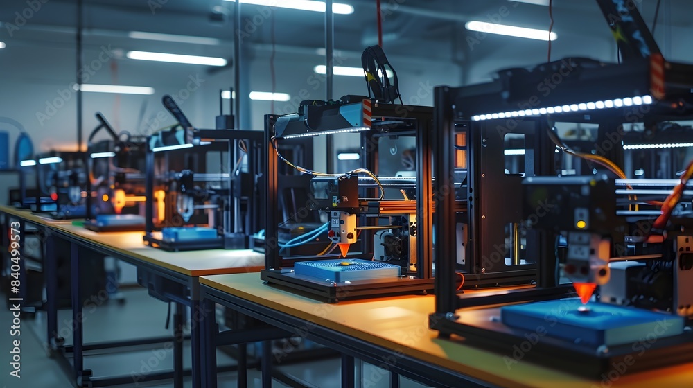 Rapid 3D Printing Manufacturing Setup with Multiple Printers and Organized Workspace Rapid 3D Printing Manufacturing Setup with Multiple Printers and Organized Workspace
