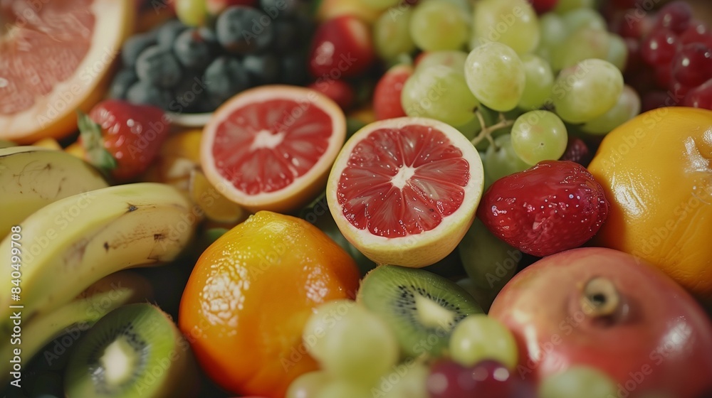 Assorted fresh fruits and vegetables including apples, oranges, grapes, kiwis, bananas, pears, and strawberries isolated on white background