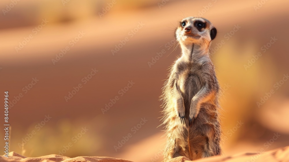 Fototapeta premium Intrigued Meerkat Standing Vigilant in Detailed Close-Up Shot.