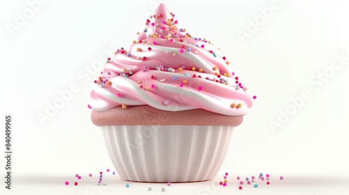 A delicious cupcake with pink frosting and colorful sprinkles. The cupcake is sitting on a white background and is surrounded by colorful sprinkles.