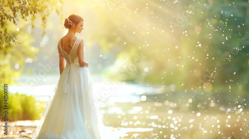 A bride in a white dress is standing in a forest. The sun is shining through the trees and creating a beautiful pattern on the ground.