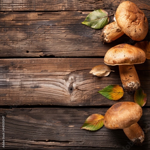 Boletus mushrooms with leaves on wooden old background with copy space