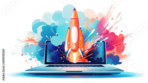 Laptop with rocket. Concept of startup, new business, e-commerce, online shopping. 