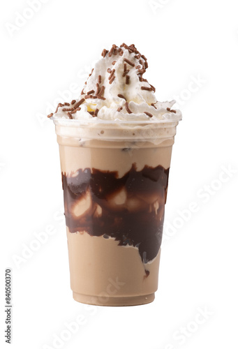 iced coffee with cold brew chocolate syrup with chocolate sprinkles and whipped cream