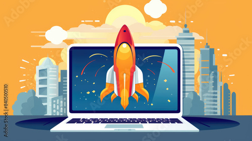 Laptop with rocket. Concept of startup, new business, project. Vector illustration.