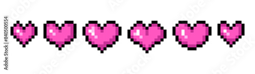 Pink pixel love icons design set isolated on white background. Arcade game symbol. Different hearts collection. Vector illustration