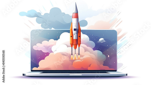 Rocket flies out of laptop. Concept of startup, new idea, space exploration. photo