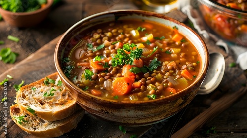 Hearty Vegan Lentil Soup with Fresh Herbs and Whole Grain Bread in Cozy Kitchen Setting © pkproject