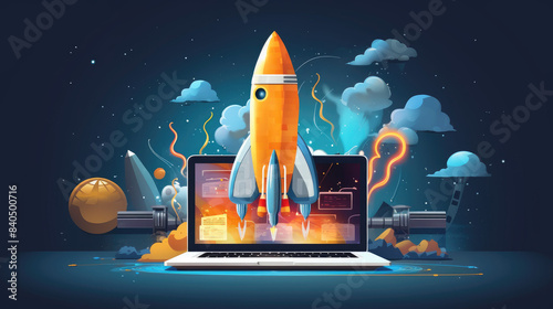 Rocket launching from laptop. Concept of startup, new business, online education, e-commerce, digital marketing, etc.