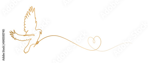 Continuous one line drawing. Flying pigeon with heart Valentine Day logo. Gold and white vector illustration. Concept for logo, card, banner, poster, flyer