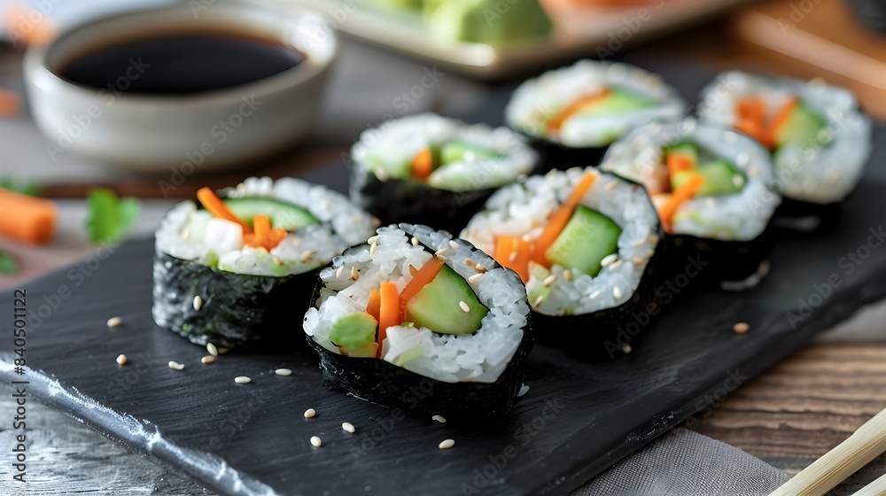 Artful Vegan Sushi Roll Platter with Minimalist Presentation on Black Slate Artful Vegan Sushi Roll Platter with Minimalist Presentation on Black Slate
