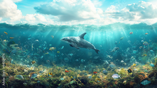 A dolphin swims through a vibrant underwater scene  sunlight streaming through the surface