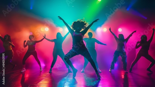 People dancing in a club. The dancers are all young and attractive, and they are dressed in colorful clothing.