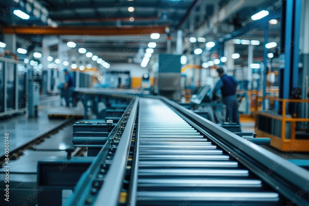 Photo of an industrial factory with a conveyor belt, workers in the background, clear blue tones, concept of modern production line Photo of an industrial factory with a conveyor belt, workers in the background, clear blue tones, concept of modern production line