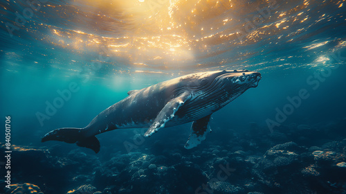 A mother humpback whale and her calf swim through a sunlit ocean.