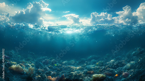 A surreal underwater scene with a vast expanse of plastic waste beneath the surface of the ocean.  The sun shines through the water  casting shadows on the debris.