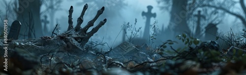 Photorealistic scene of Halloween night, a decayed hand reaching out from the ground, with a subtly blurred background featuring mist-covered tombstones and gnarled trees