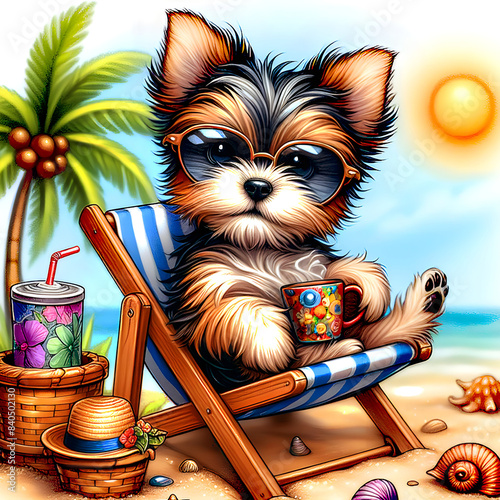 Morkie sitting in a sunbed on a sandy beach summer photo